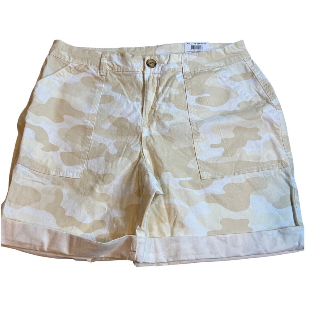 Style & Co Womens Camo Layer Sand Roll Tab Bermuda Shorts Mid Rise Beige Size 8